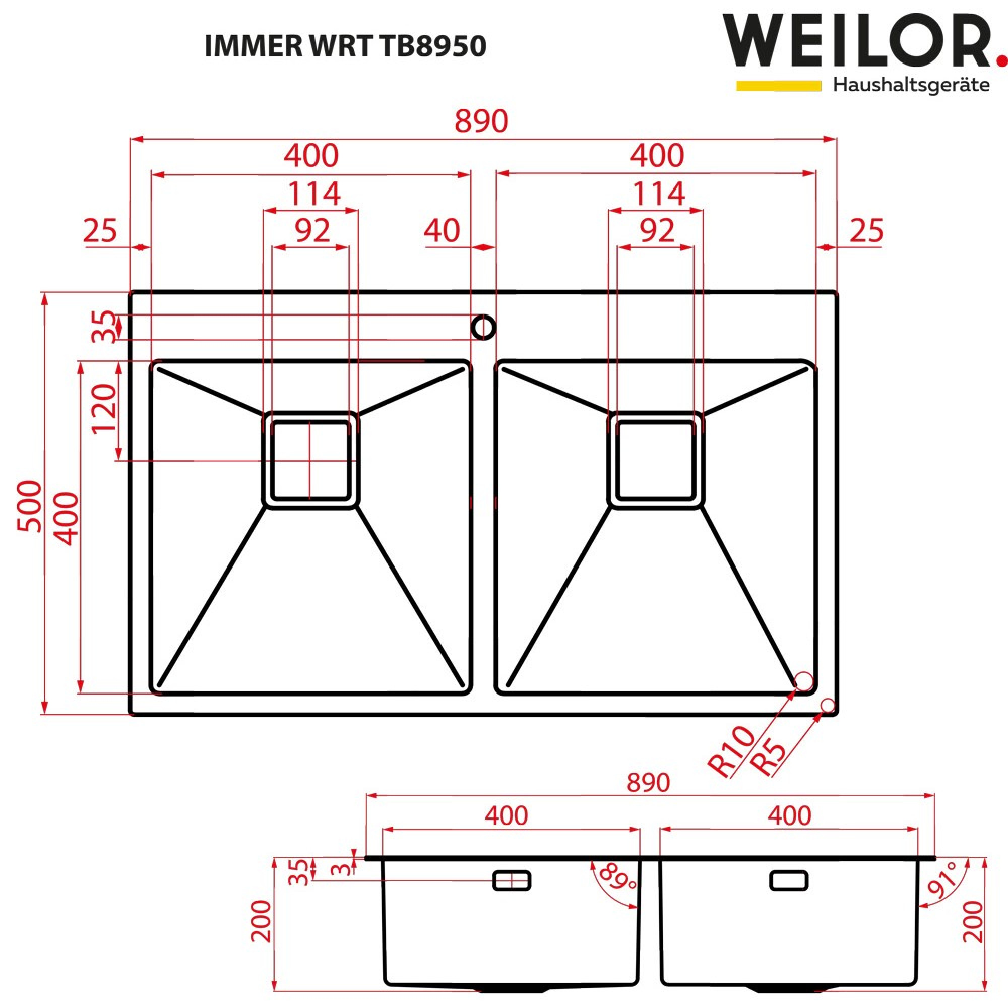 Мойка кухонная нержавеющая сталь Weilor IMMER WRT TB8950 - фото 9