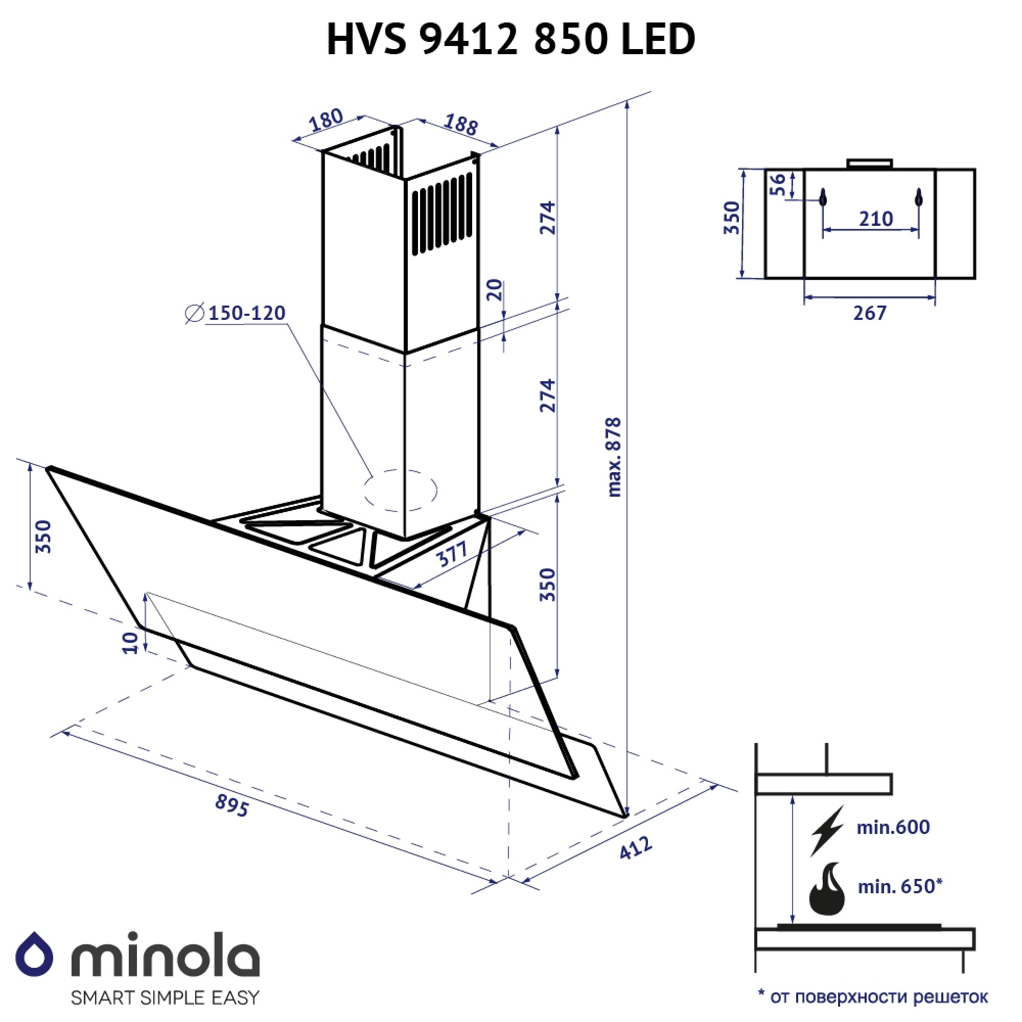 Вытяжка декоративная наклонная MINOLA HVS 9412 BL 850 LED - фото 17