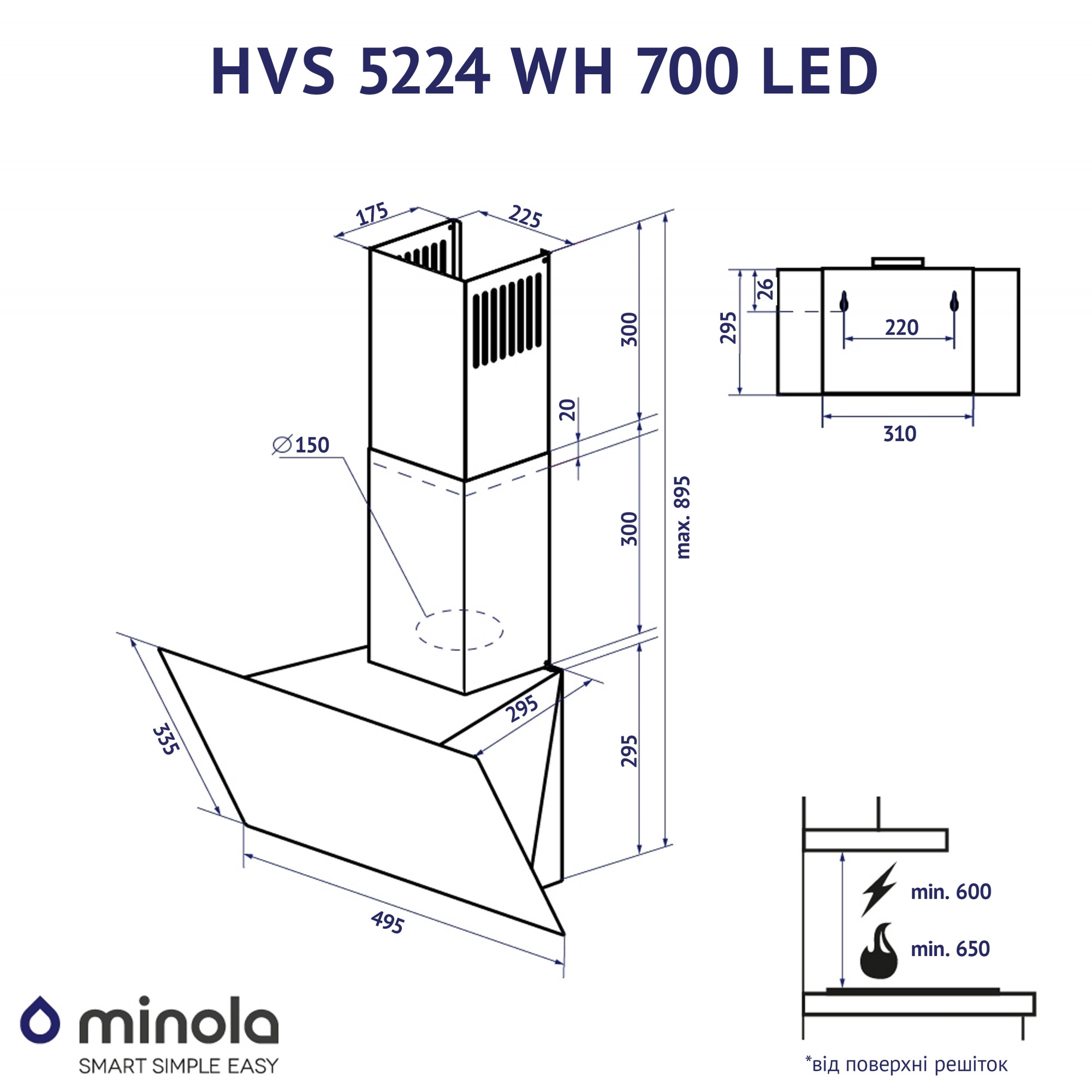 Вытяжка декоративная наклонная MINOLA HVS 5224 WH 700 LED (Цвет Белый) - фото 11 Вытяжка декоративная наклонная MINOLA HVS 5224 WH 700 LED - фото 11