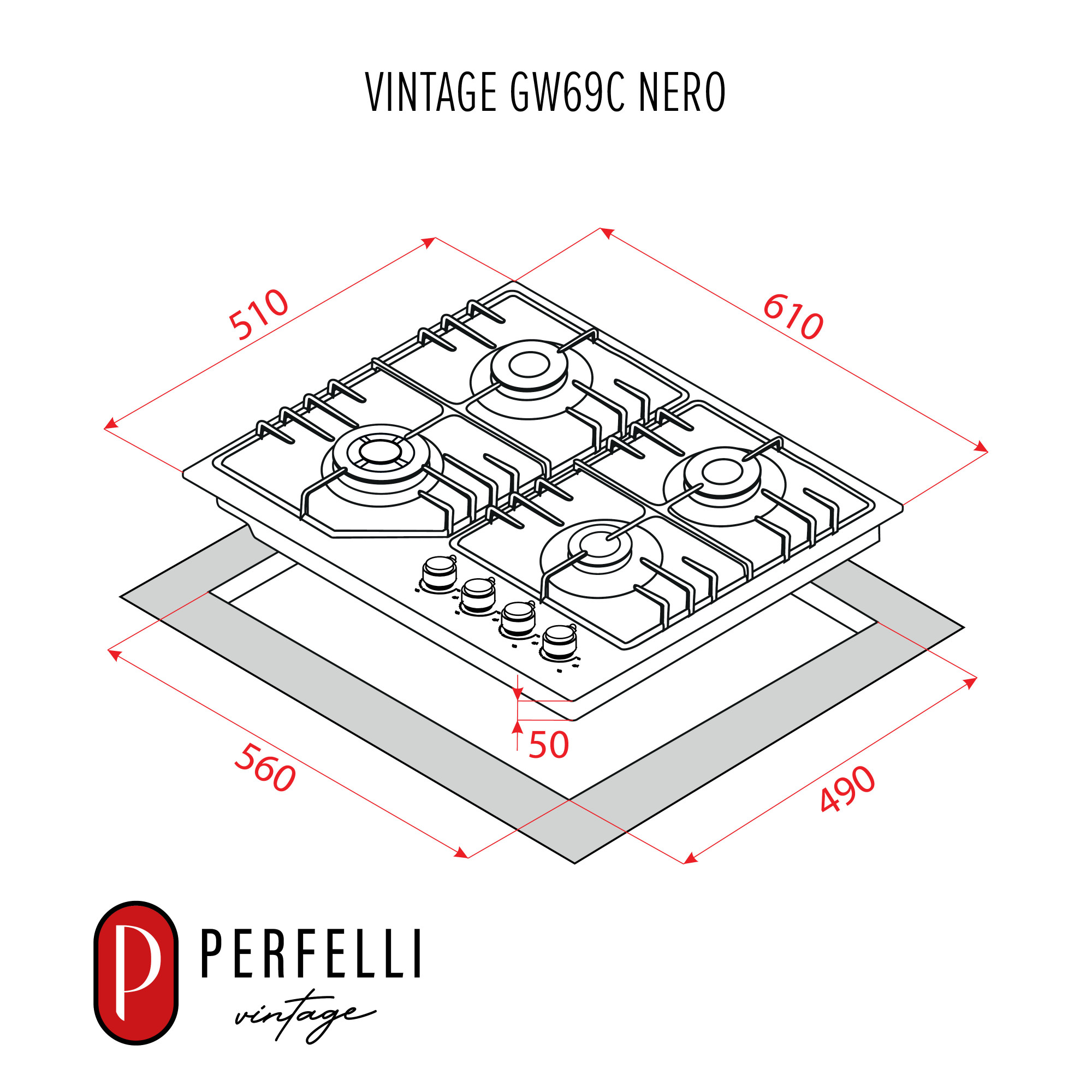 Поверхность газовая на стекле PERFELLI VINTAGE GW69C NERO (Цвет Черный) - фото 14 Поверхность газовая на стекле PERFELLI VINTAGE GW69C NERO - фото 14