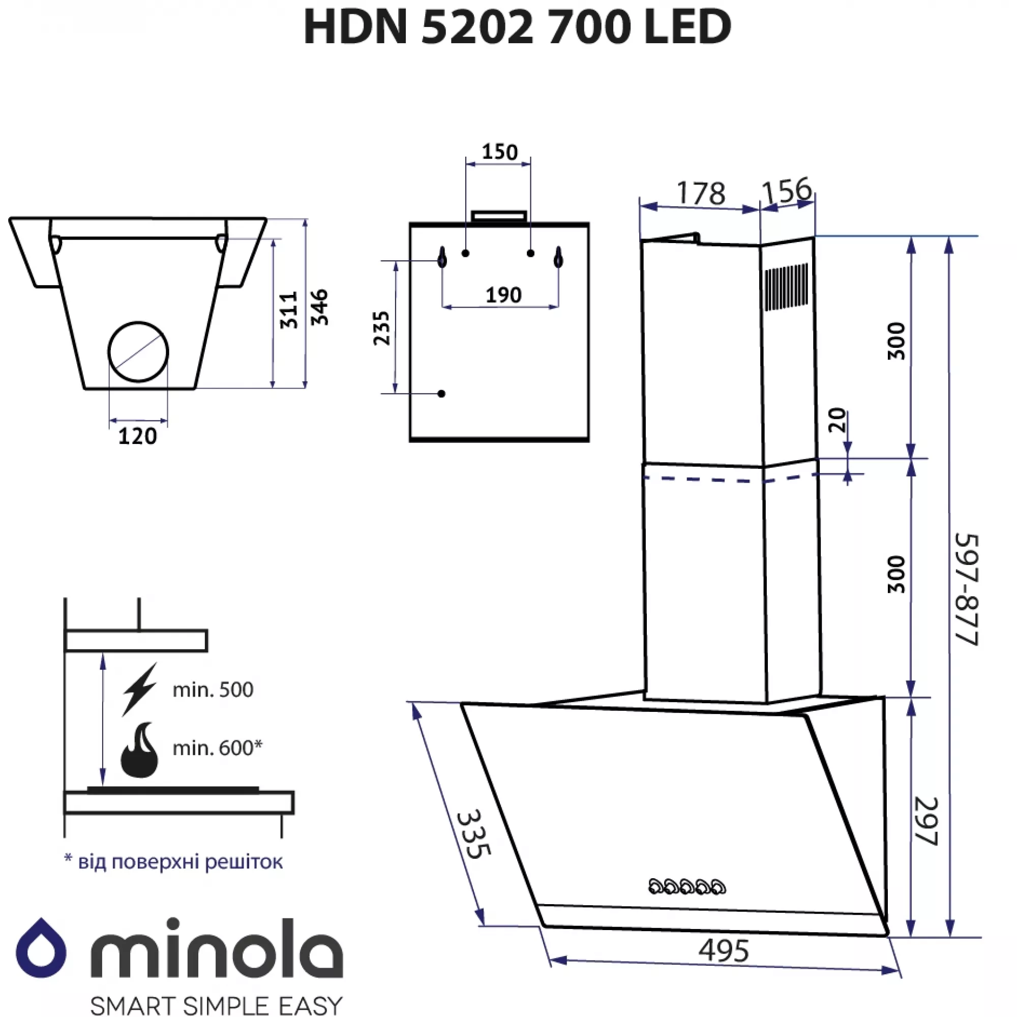Витяжка декоративна похила MINOLA HDN 5202 BL/INOX 700 LED - фото 15