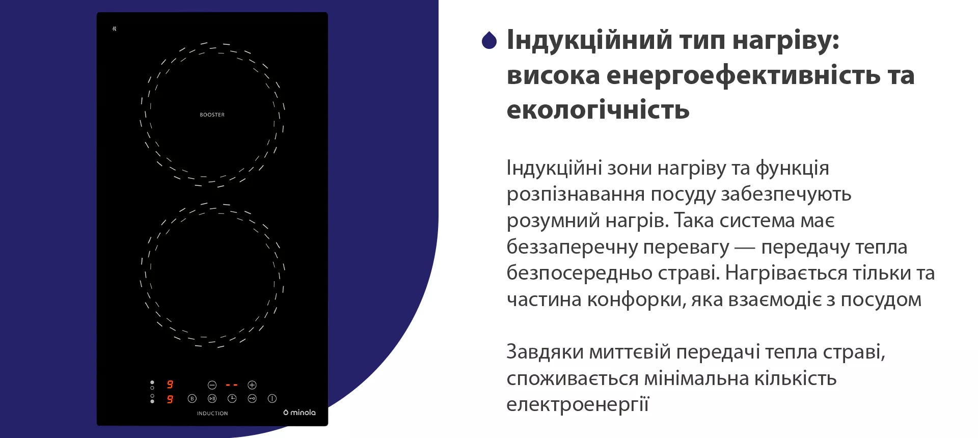 Індукційні зони нагріву та функція розпізнавання посуду забезпечують розумний нагрів. Така система має беззаперечну перевагу — передачу тепла безпосередньо страві. Нагрівається тільки та частина конфорки, яка взаємодіє з посудом. Завдяки миттєвій передачі тепла страві, споживається мінімальна кількість електроенергії