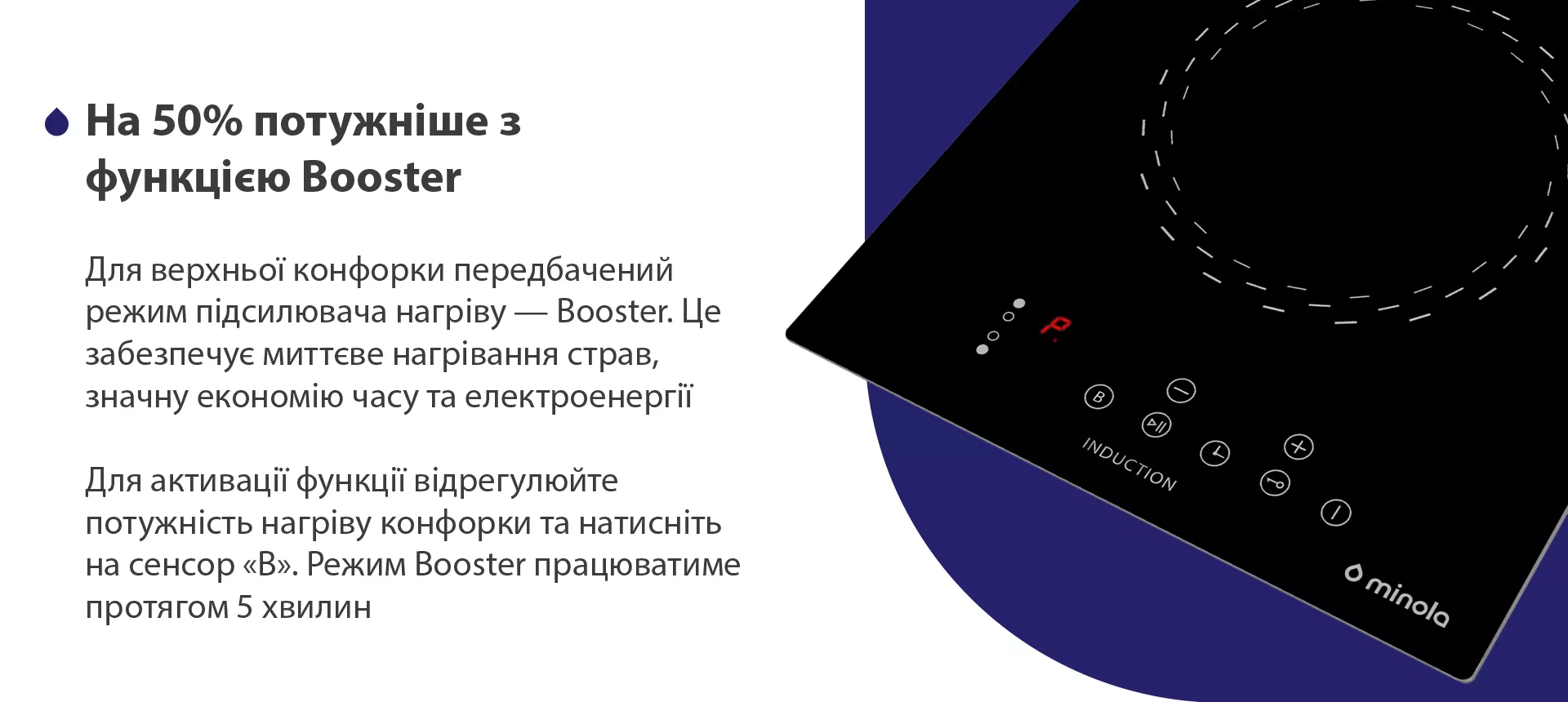 Для верхньої конфорки передбачений режим підсилювача нагріву — Booster. Це забезпечує миттєве нагрівання страви, значну економію часу та електроенергії. Для активації функції відрегулюйте потужність нагріву конфорки та натисніть на сенсор В. Режим Booster працюватиме протягом 5 хвилин